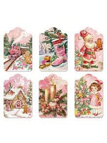 60 Stück rosa Weihnachtspapier Anhänger mit Seil Weihnachtsgeschenkanhänger Weihnachtsbaum Dekoanhänger für Weihnachtsparty Dekoration Geschenkverpackung Karte, Weihnachten - Verschiedenfarbig - Übersicht 6