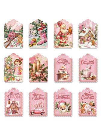 60 件粉色圣诞纸吊坠带绳圣诞礼物标签圣诞树挂饰圣诞派对装饰礼品包装卡，圣诞节
