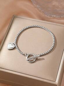 1 件简约时尚个性化通勤独特小设计不锈钢心形吊坠手链男女通用礼物 - 手鍊 - 查看 6