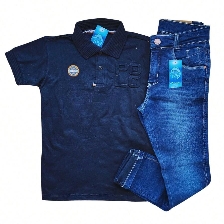 kit camisa polo e calça skine com lycra infantil masculina Tam 10 12 14 e 16 anos - Azul - Visão 1
