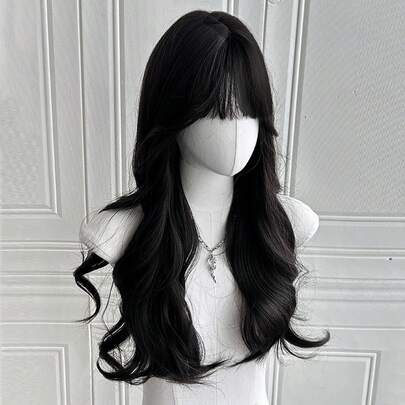 带刘海的黑色假发，女士长波浪假发，24 英寸合成耐热自然逼真假发，适合日常派对使用