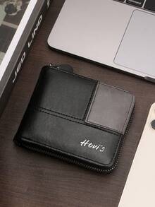 商务男士短款钱包拼接石纹大容量三折包拉链零钱包多卡位钱夹男士钱包必备单品 - 黑色 - 查看 6