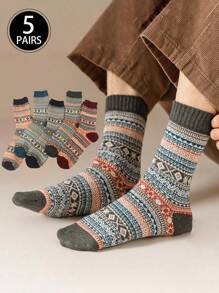 5 Pairs Retro  Mid-Calf Socks, Thick & Warm For Fall/Winter, Casual Design - Multicolor - View 13