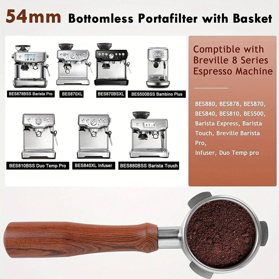 1 个 54 毫米无底过滤器 - 可拆卸不锈钢 3 耳手柄 - 适用于 Breville Barista Express (BES870) 878、875、840、浓缩咖啡手柄替换件 - 实木手柄 回到学校