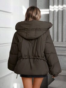 GASMAN Áo khoác đệm dáng Regular Fit có mũ trùm đầu rút dây màu trơn dành cho nữ - Cà phê nâu - Xem 2