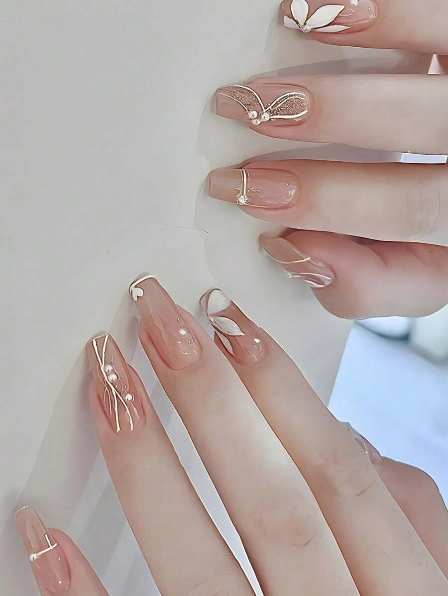 24Pcs Short Ballerina Floral Print Faux Pearl & Golden Line Decorated Full Cover False Nails Set For Women & Girls Press On Nails Nail Supplies Nails - Multicolor - View 1