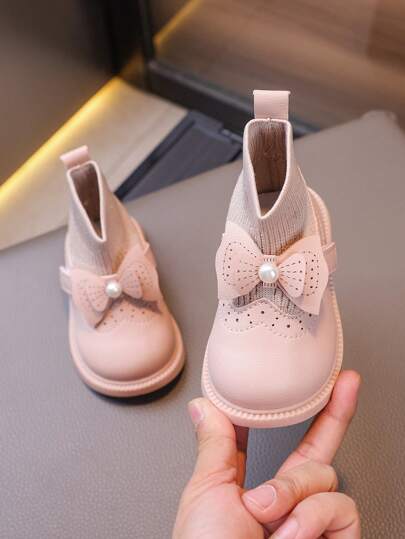 1 Pair Baby Girl Soft Sole Pearl Bowknot Ankle Boots, Vintage Design Hook-And-Loop, For Autumn/Winter
