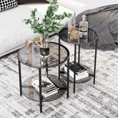 UNHO Glass Round End Side Table Small Accent Table Set 40CM/ 50CM Slim Bedside Tables  2 Tiers Grey Tinted Tempered Glass Top With Black Metal Frame For Apartment Office