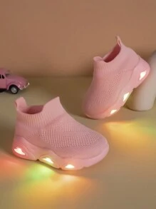 Kids' High Top Breathable Mesh Sports Shoes, Comfort Anti-Slip Fashionable LED Light Sneakers, Pink, Lightweight Slip-On For Boys And Girls