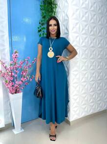 WOMEN'S LONG SARUEL DRESS WITH VISCROLAYCRA SLEEVES WOMEN'S CLOTHING - Teal Blue - View 2