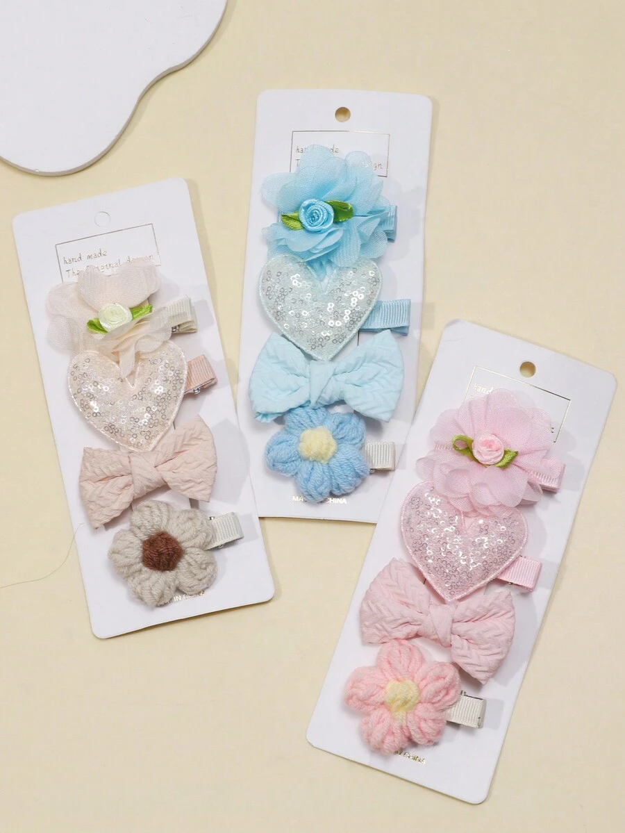 4pcs/Set Baby Girls' European And American Style Fabric Flower & Bow Hair Clips, Non-Damaging (No Paper Card) - Multicolor - View 1
