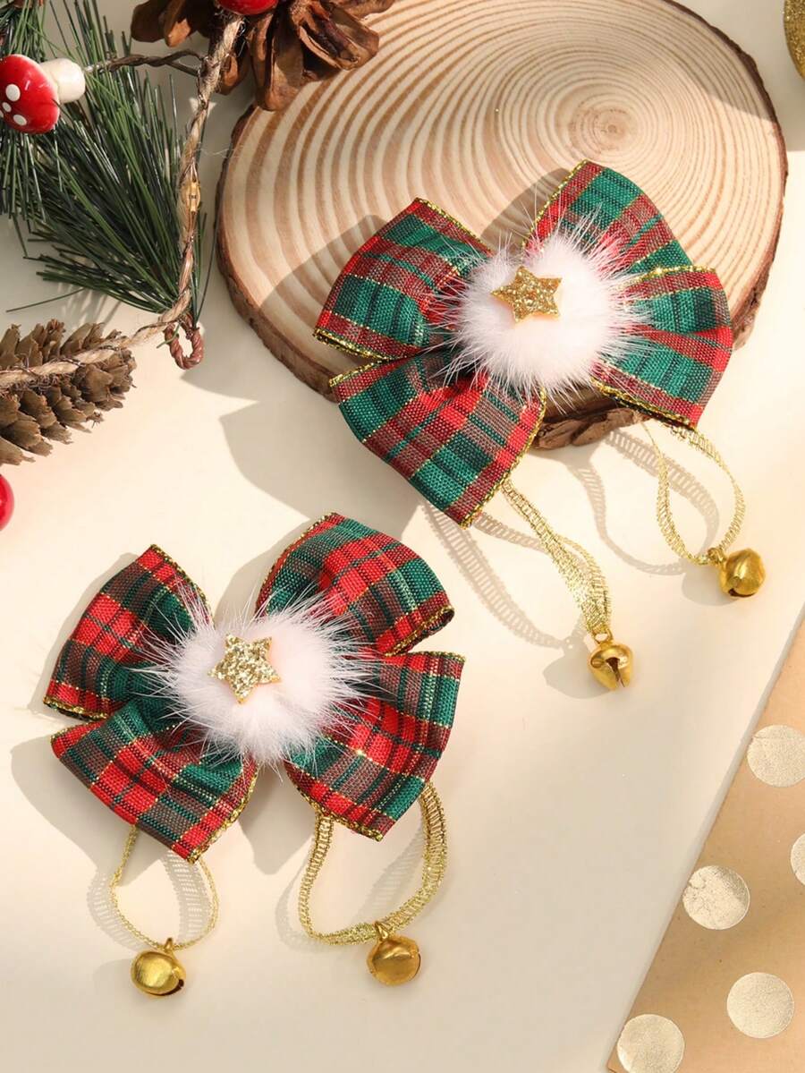 2 件装圣诞树发夹，适合幼儿女孩、闪光金色星星和白色毛绒球配饰、带两个尾巴的格子发夹、儿童青少年马尾发夹、圣诞派对庆祝用品、节日礼物 - 查看 1