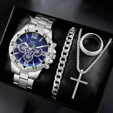 4 件/套时尚商务蓝光玻璃男士经典数字钢带石英表配扁平珠手链、吊坠项链和戒指，是生日和节日送给他的理想礼物 - 銀色 - 查看 1