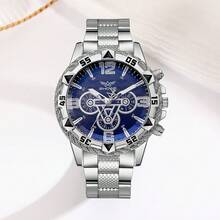 4 件/套时尚商务蓝光玻璃男士经典数字钢带石英表配扁平珠手链、吊坠项链和戒指，是生日和节日送给他的理想礼物 - 銀色 - 查看 3