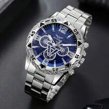 4 件/套时尚商务蓝光玻璃男士经典数字钢带石英表配扁平珠手链、吊坠项链和戒指，是生日和节日送给他的理想礼物 - 銀色 - 查看 2