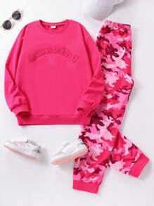 2 件 Tween 女童休闲套装 - 压花字母蝙蝠袖运动衫和迷彩裤，春季和秋季 - 玫紅色 - 查看 1