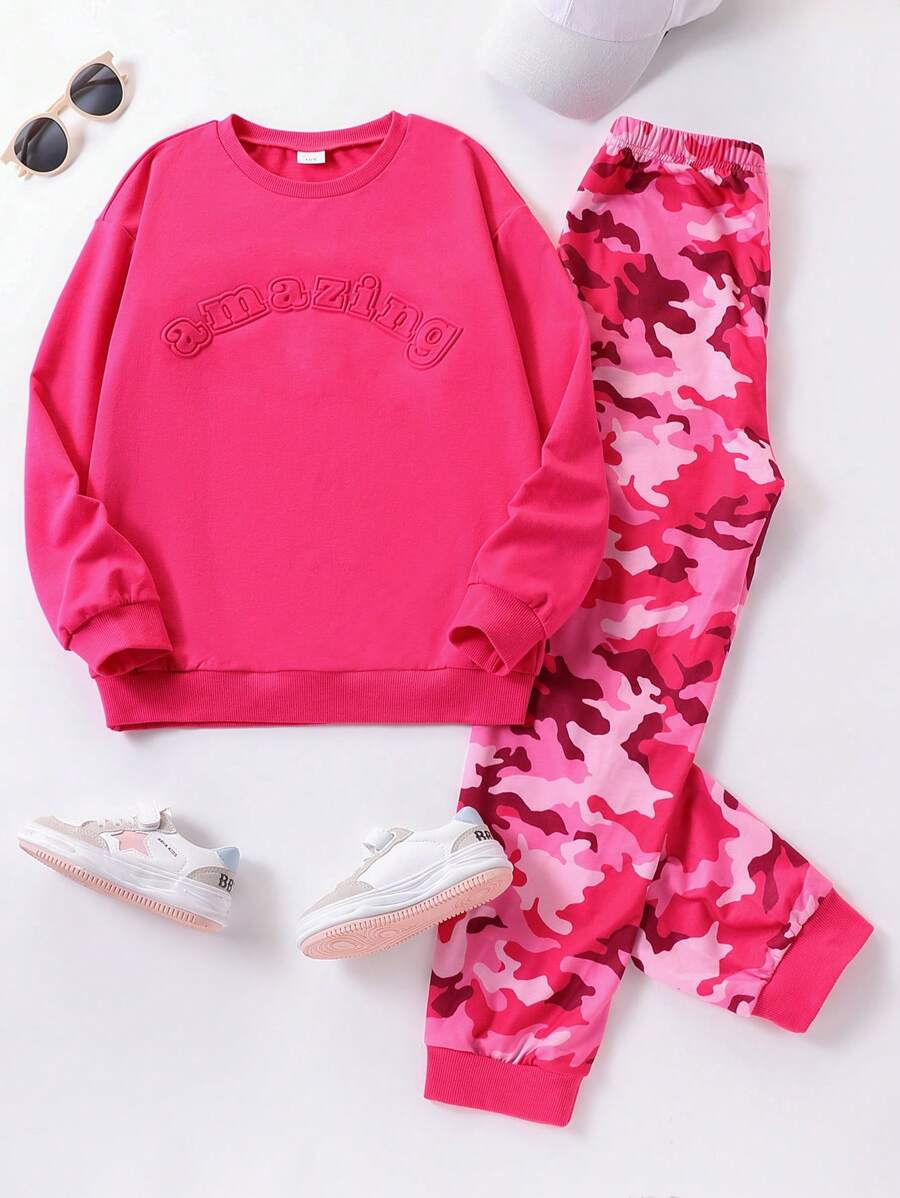 2 件 Tween 女童休闲套装 - 压花字母蝙蝠袖运动衫和迷彩裤，春季和秋季 - 玫紅色 - 查看 1