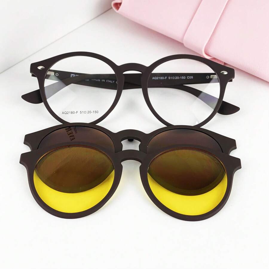 Men's Round Flexible Glasses Frame For Prescription + 2 Clip-On Polarized/Night Drive Various Colors FAST Shipping CM246 - C5 Nâu - Xem 1