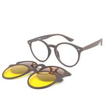 Men's Round Flexible Glasses Frame For Prescription + 2 Clip-On Polarized/Night Drive Various Colors FAST Shipping CM246 - C5 Nâu - Xem 3