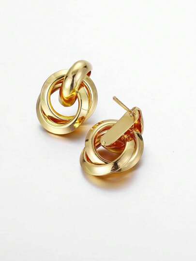 1 对女士经典别致金属环状耳环，几何金色圆形时尚耳环