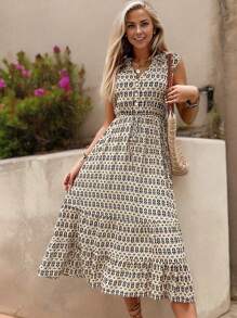 Cap Sleeve Button-Front Midi Dress With Geometric Print And Waist Tie - Beige - View 4