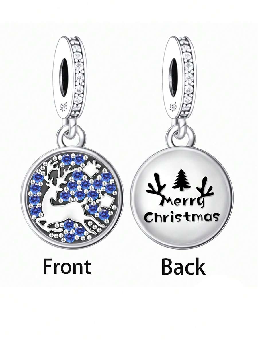 HuooNew 1 件 925 纯银驯鹿方晶锆石吊坠水晶珠 DIY，女性圣诞礼物 - 銀色 - 查看 1