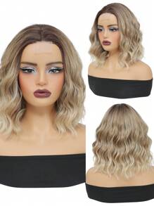 Peluca ondulada de hombros, rubia ombré, de 14 pulgadas, con raya al medio, para mujeres, de aspecto natural, de fibra sintética resistente al calor, para uso diario y de fiesta - Multicolor - Ver 7