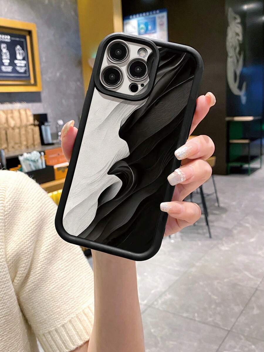 1pc Yin Yang Sand Flow Pattern Anti-Fingerprint Black Sandblasting Phone Case Compatible With Apple/Samsung//Redmi/Infinix/Vivo - Black - View 1