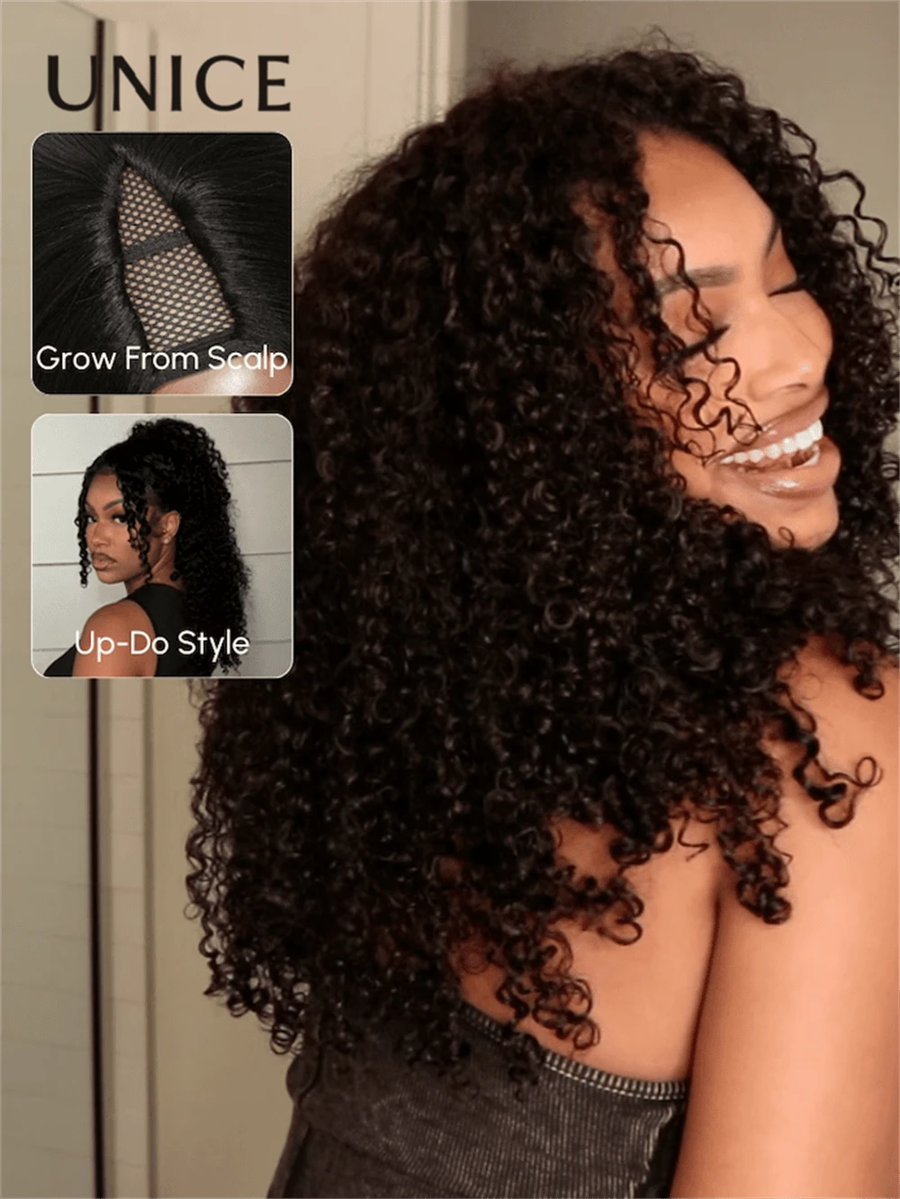UNice Hair EasiContour V Part Minimal Leave Out Jerry Curly Baby Hair Glueless Curly Wig 150% Density Upgrade V Part Wigs With Clips Glueless Wig Human Hair For Women Beginner Friendly - SNatural - 查看 1