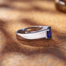 1pc S925 Sterling Silver Men's Ring With Rectangular Synthetic Blue Sapphire, Suitable For Father's Day, Carnival, Wedding, Party, Birthday Gift, Daily Wear, Silver Weight 8g - Blue - View 6