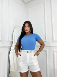 BODY  Bory Feminino Collant Gola Basic  Meia Estaçao Basico Preto Ribana BASICO Bore Blusinha Baby Look Look Moda Feminina - Azul bebê - Visão 5