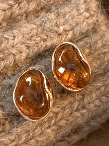 3 Pairs Vintage Amber-Color Resin Alloy Ear Studs, Suitable For Women's Daily Wear Jewelry, Christmas Gift, Holiday Gift, Singles Party Gift