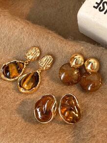 3 Pairs Vintage Amber-Color Resin Alloy Ear Studs, Suitable For Women's Daily Wear Jewelry, Christmas Gift, Holiday Gift, Singles Party Gift