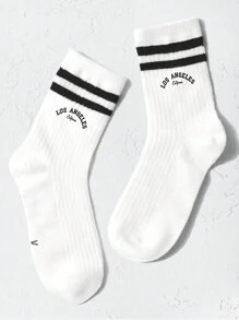 Toddler Kids Striped & Letter Graphic Crew Socks - Black and White - View 7