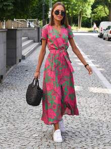 Vestido largo estampado con escote en V largos de mujer - Rosa - Ver 6