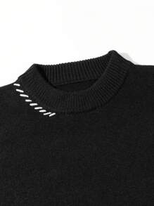 Suéter de punto de cuello redondo de unicolor casual para hombres, con puños de canalé hechos a mano, corte holgado, adecuado para Navidad, Año Nuevo, top de manga larga - Negro - Ver 6