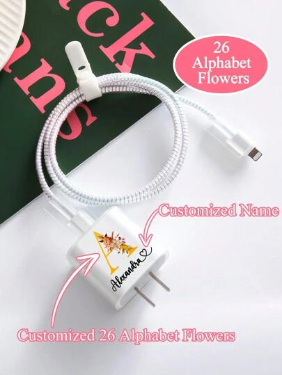 5pcs/Set Customized Name Sparkling Transparent Protective Cover Personalized With Name And 26 Alphabet Flowers Charging Head Protector Compatible With Apple Charger,18w Soft Case,20w Charger Protective Cover Ideal Gift
