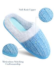 Women Fuzzy House Slippers Non-Slip Warm Plush Lined Memory Foam Bedroom Slippers Soft Elegance Style - Màu xanh lam - Xem 4