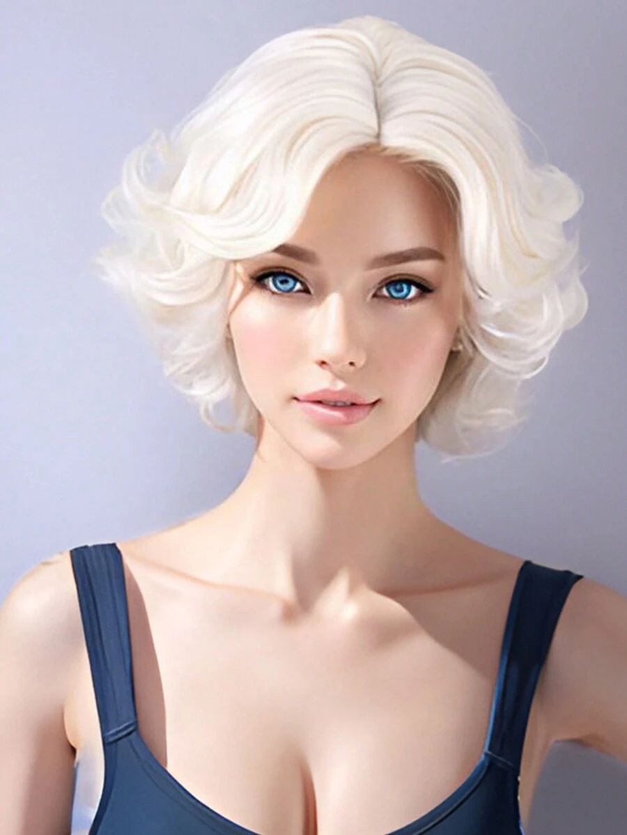 Short Curly Wig Heat Resistant Synthetic Hair Cosplay Party Wig (12 Inches) - White - View 1