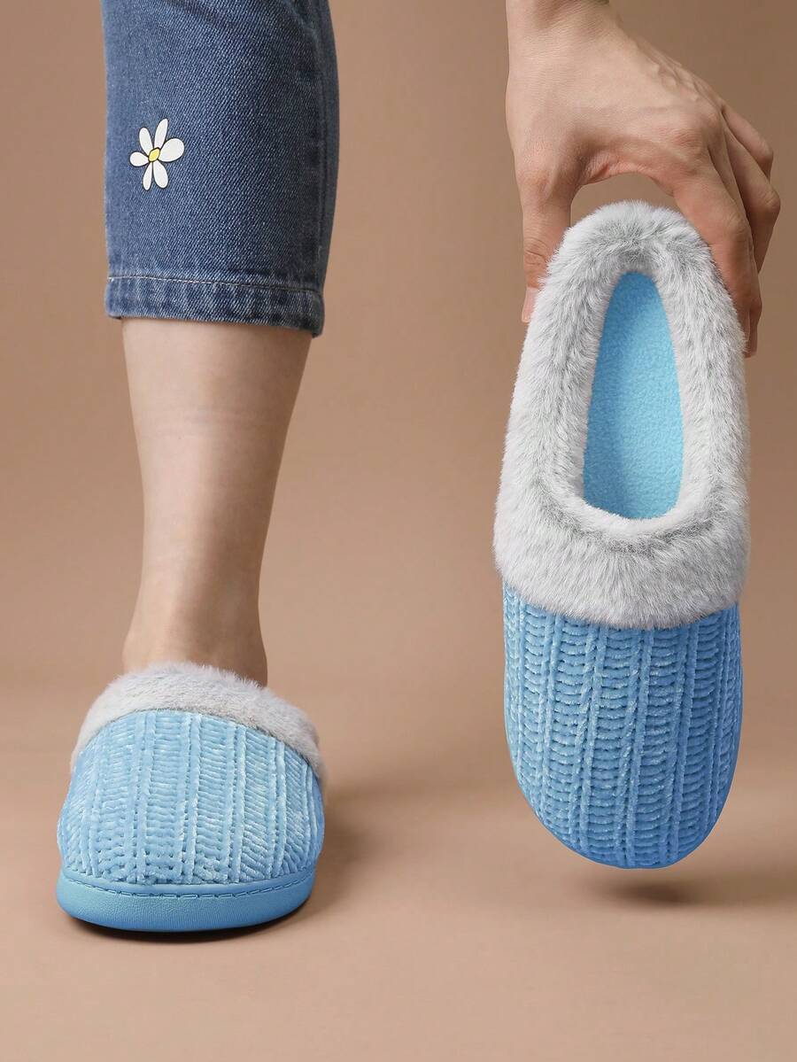 Women Fuzzy House Slippers Non-Slip Warm Plush Lined Memory Foam Bedroom Slippers Soft Elegance Style - Màu xanh lam - Xem 1