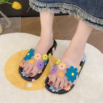Women Floral Design Thick Sole Slip-On Sandals