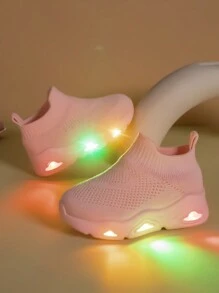 Kids' High Top Breathable Mesh Sports Shoes, Comfort Anti-Slip Fashionable LED Light Sneakers, Pink, Lightweight Slip-On For Boys And Girls