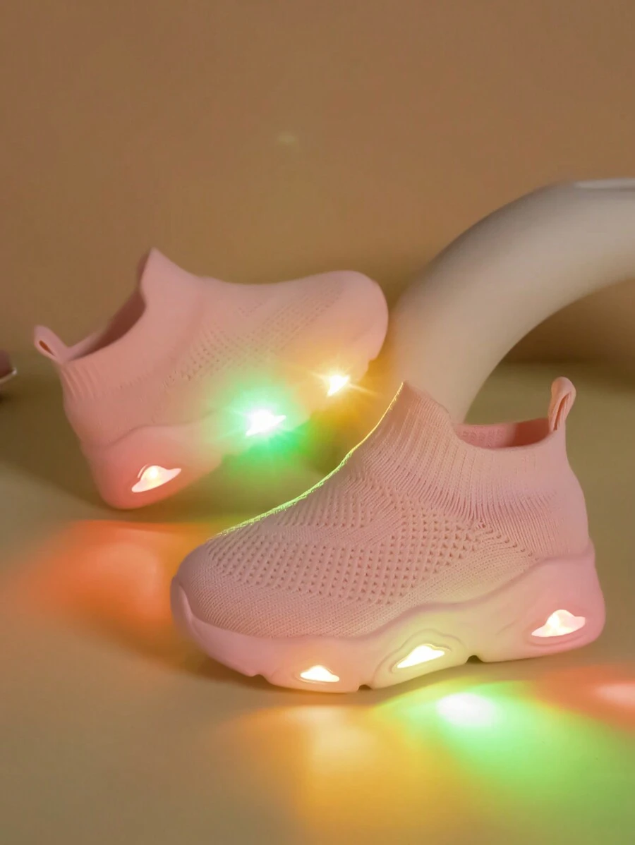 Kids' High Top Breathable Mesh Sports Shoes, Comfort Anti-Slip Fashionable LED Light Sneakers, Pink, Lightweight Slip-On For Boys And Girls