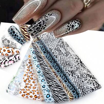 10 PCS Nail Foils Animal Print Nail Art Transfer Foil Stickers Brown Pink Leopard Zebra Snake Print Nail Decals Starry Sky Paper Autumn Winter Design For Nail Art DIY Decoration Nails Nail Supplies