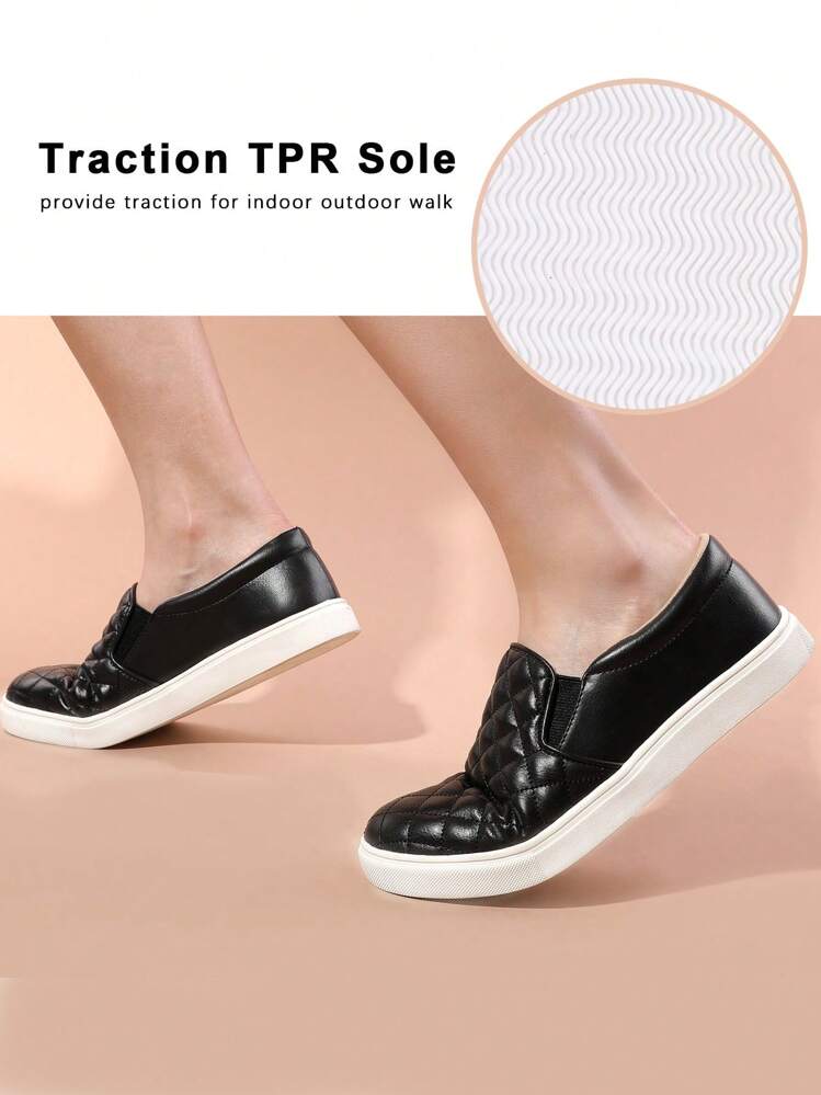 Women Slip On Sneakers Casual Walking Shoes, Quilted PU Leather Low Top Shoes With Cushioned Insole, Everyday MinimalistMuse Style - 黑色 - 查看 3