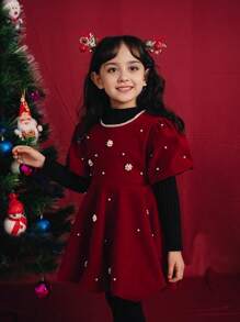 1 pièce Robe de princesse en velours rouge avec manches bouffantes perlées pour jeunes filles, automne/hiver