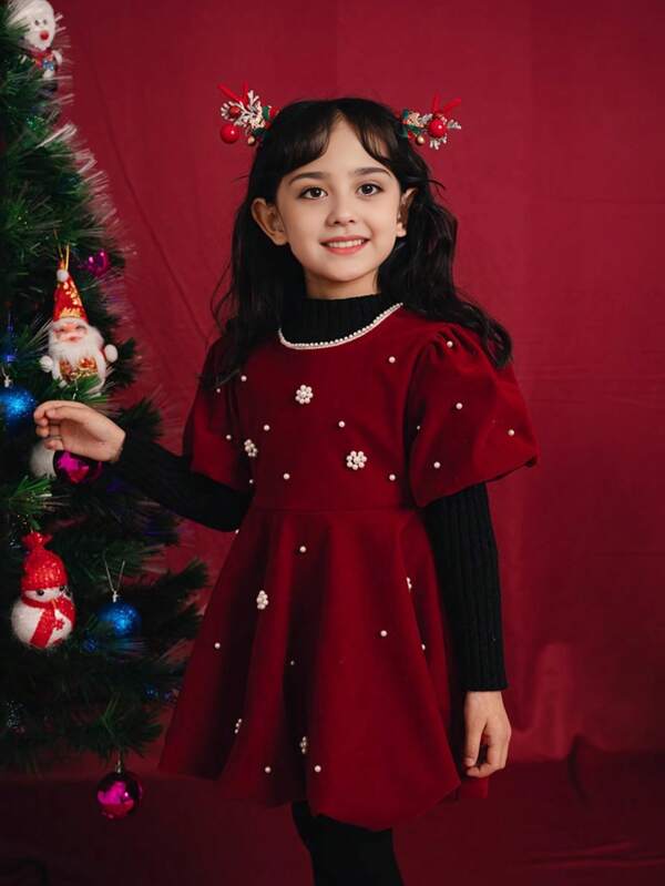1 pièce Robe de princesse en velours rouge avec manches bouffantes perlées pour jeunes filles, automne/hiver