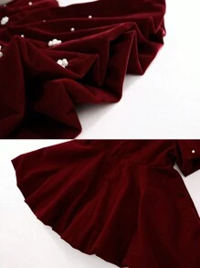 1 pièce Robe de princesse en velours rouge avec manches bouffantes perlées pour jeunes filles, automne/hiver