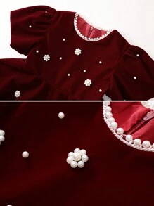 1 pièce Robe de princesse en velours rouge avec manches bouffantes perlées pour jeunes filles, automne/hiver