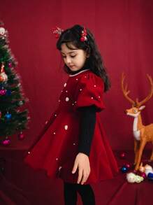 1 pièce Robe de princesse en velours rouge avec manches bouffantes perlées pour jeunes filles, automne/hiver